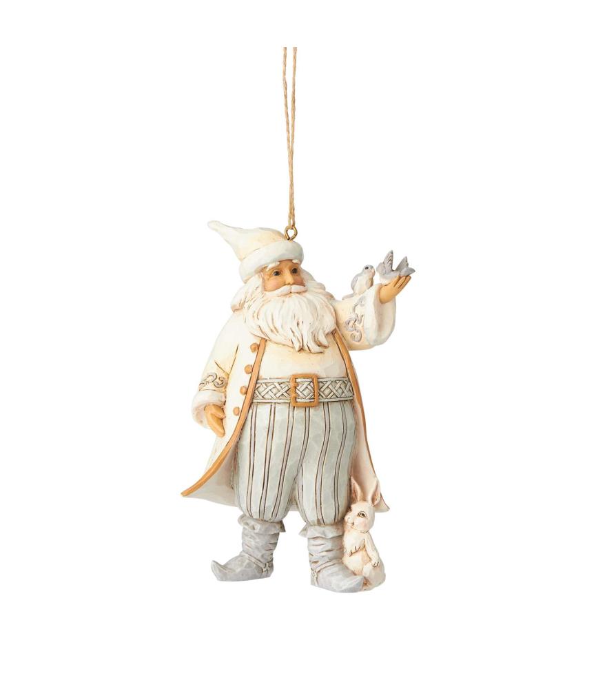 White Woodland Santa with Bird ornament