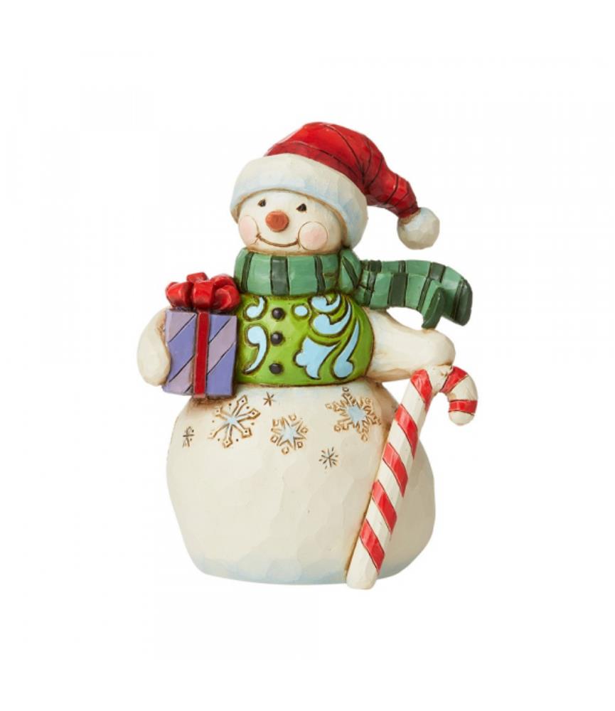 Mini Snowman with Gift and Candy Cane Figurine